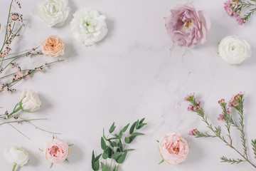 Empty white paper blank, flower buds, branches on beige background. Wedding branding mock up, ...