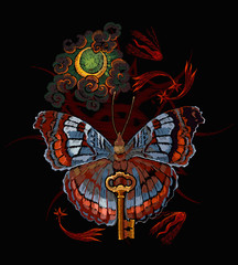 Esoteric butterfly, magic moon and golden keys. Dark gothic template for clothes, textile, t-shirt design. Occult art. Alchemy concept