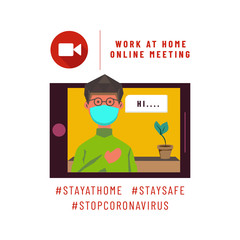 Flat illustration work at home with online meeting on tablet for stop coronavirus