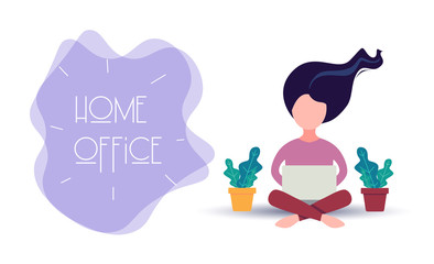 vector illustration of a girl with a laptop and indoor plants on a white background