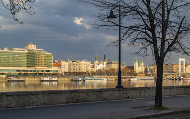 View of the Danube River in Budapest and the promenade with landmarks