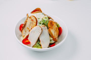 tomato and chicken salad, healthy food isolated on white background
