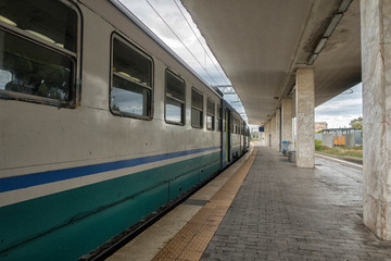 Passenger train on the railway. Railway transport.