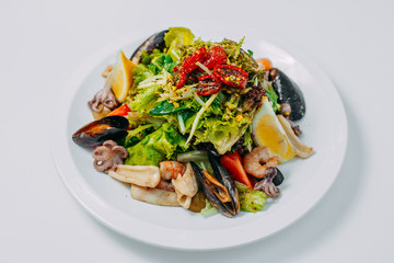 salad with seafood and vegetables, with mussels, octopus, squid and shrimp isolated on a white background