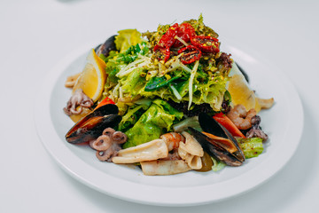 salad with seafood and vegetables, with mussels, octopus, squid and shrimp isolated on a white background
