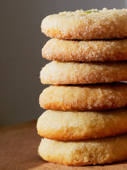 A stack of cookies with sugar. Sweet homemade cakes.