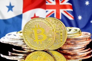 Bitcoins on Panama and Australia flag background. Concept for investors in cryptocurrency and Blockchain technology in the Panama and Australia.