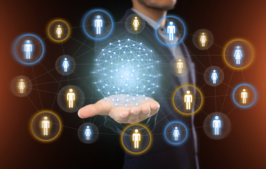 Social connections on hand of man in suit