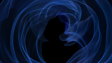 3d render abstract background with a thin blue line on black background with shallow depth of field.