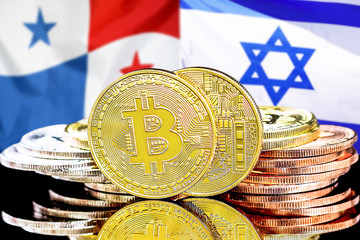 Bitcoins on Panama and Israel flag background. Concept for investors in cryptocurrency and Blockchain technology in the Panama and Israel.