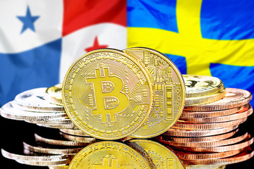 Bitcoins on Panama and Sweden flag background. Concept for investors in cryptocurrency and Blockchain technology in the Panama and Sweden.