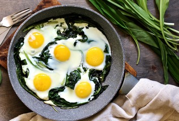 fried eggs with wild garlic as a shakshuka. fried eggs in a frying pan under gray marble on a table, top view. Keto diet dish