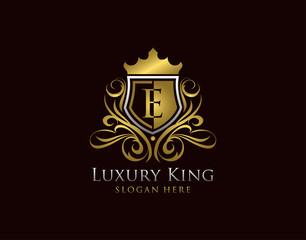 Luxury Shield E Letter Logo, Gold E Classic Protection Symbol.