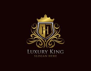 Luxury Shield H Letter Logo, Gold H Classic Protection Symbol.