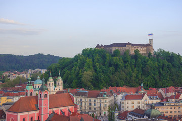 Fototapeta na wymiar Aerial view of the medieval old town, famous tourist destination in Ljubljana, Slovenia.