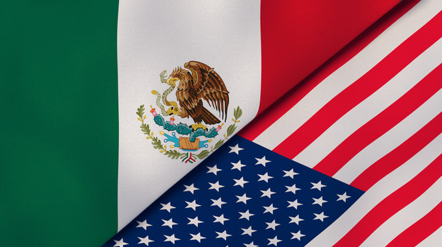 The flags of Mexico and United States. News, reportage, business background. 3d illustration