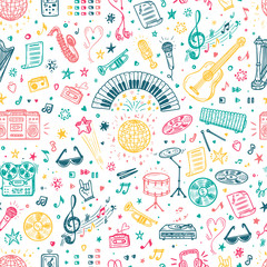 Vector Music background. Seamless pattern with Hand drawn doodle Musical Instruments, Retro musical equipment
