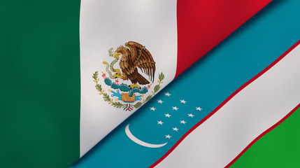 The flags of Mexico and Uzbekistan. News, reportage, business background. 3d illustration