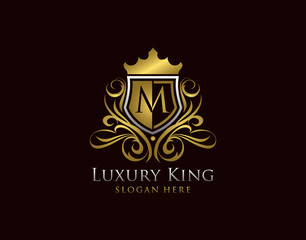 Luxury Shield M Letter Logo, Gold M Classic Protection Symbol.