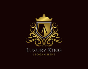 Luxury Shield A Letter Logo, Gold A Classic Protection Symbol.