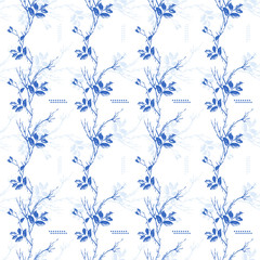 Seamless pattern of vertical and horizontal blue branches with blue leaves on a white background.