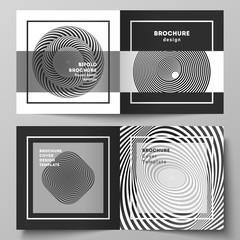 The vector layout of two covers templates for square design bifold brochure, magazine, flyer, booklet. Abstract 3D geometrical background with optical illusion black and white design pattern.