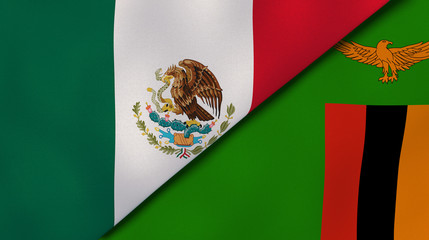 The flags of Mexico and Zambia. News, reportage, business background. 3d illustration