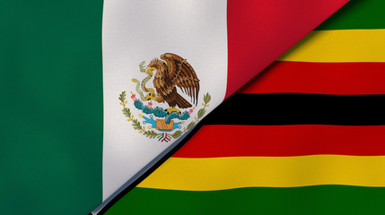 The flags of Mexico and Zimbabwe. News, reportage, business background. 3d illustration