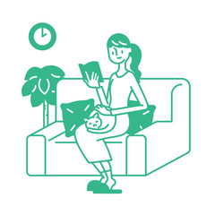 Stay home concept. Girl takes care for reading book, quarantine due to coronavirus. Illustration of home activities