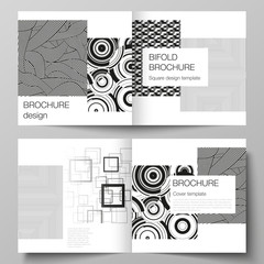 The vector layout of two covers templates for square design bifold brochure, magazine, flyer, booklet. Trendy geometric abstract background in minimalistic flat style with dynamic composition.