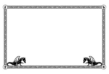 Square medieval frame with floral elements and dragons in the corners. Can represent the Middle Ages, a fantasy tale or game, an ancient manuscript, heraldry, etc. © Fantasy Maps