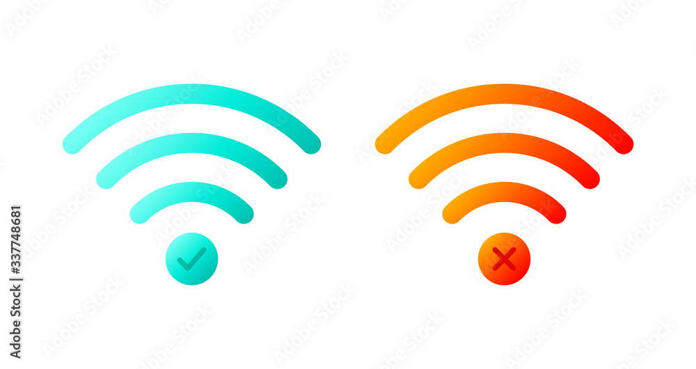 Poster vector icon set of wireless wifi symbols with check mark and x mark.