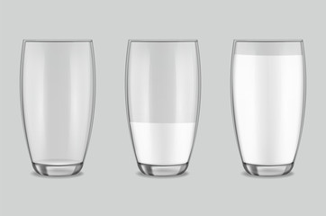 Transparent realistic glasses set, milk in a glass isolated