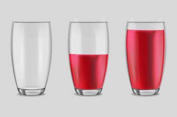 Transparent realistic glasses set isolated, pomegranate juice fresh