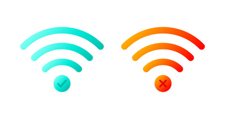 Vector icon set of wireless wifi symbols with check mark and x mark.