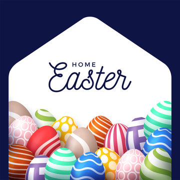 Colorful Happy Home Easter 2020 Card with Funny Vector Minimalist Icon. staying at home badge in Quarantine. COVID-19 Reaction.