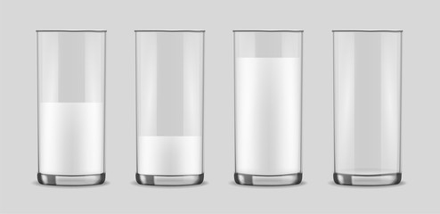 Transparent realistic glasses set, milk in a glass isolated