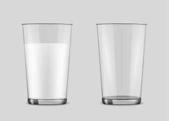 Transparent realistic glasses set, milk in a glass isolated