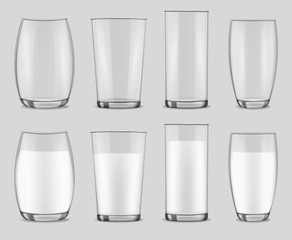 Transparent realistic glasses set, milk in a glass isolated