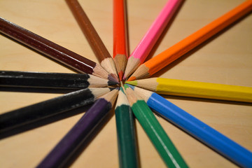 Naklejka premium Pencil color set in circle on a wooden table