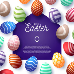 Colorful Happy Home Easter 2020 Card with Funny Vector Minimalist Icon. staying at home badge in Quarantine. COVID-19 Reaction.