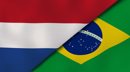 The flags of Netherlands and Brazil. News, reportage, business background. 3d illustration