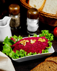 russian beet salad with mayonnaise chicken garlic and walnut