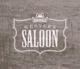 Vector banner for Western saloon with cowboy hat on the wooden background. Decorative illustration on the theme of Wild West in retro style