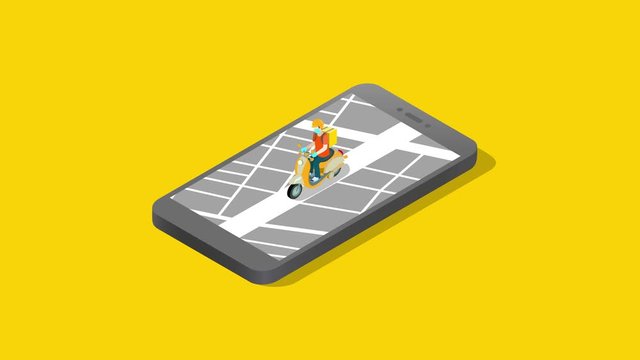 fast delivery by motorcycle isometric; the motorcycle is driving along the map in the phone on the yellow background; sterile delivery during quarantine