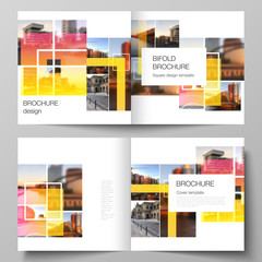 The vector illustration of the editable layout of two covers templates for square design bifold brochure, magazine, flyer, booklet. Creative trendy style mockups, blue color trendy design backgrounds.