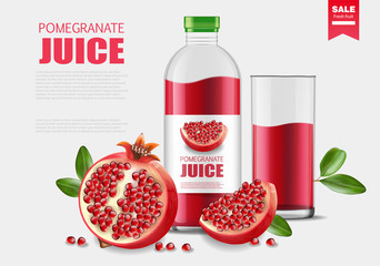 Fresh pomegranate realistic, pomegranate juice package vector, transparent bottle