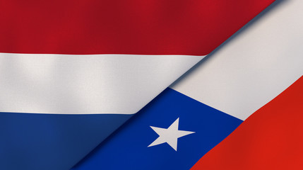The flags of Netherlands and Chile. News, reportage, business background. 3d illustration
