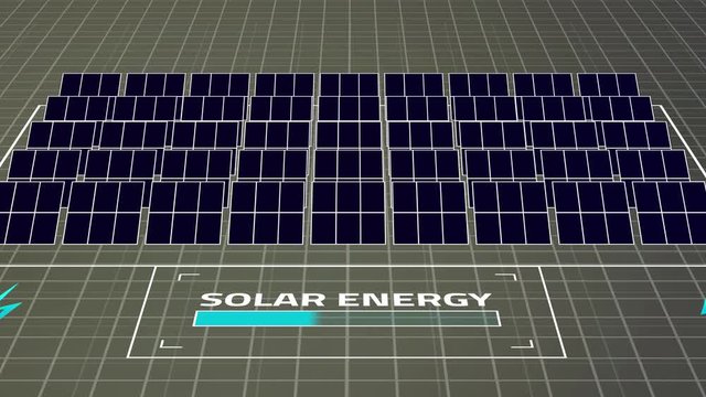 Animated concept of green planet with solar panels farm with indication of charge level and image of electricity and inscription energy. Renewable alternative power
