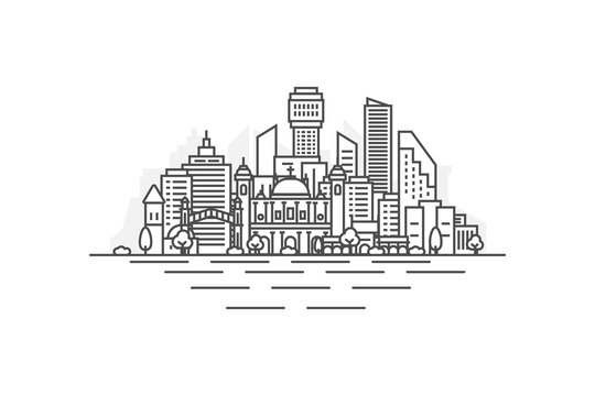 black and white city skyline line art clip art preview